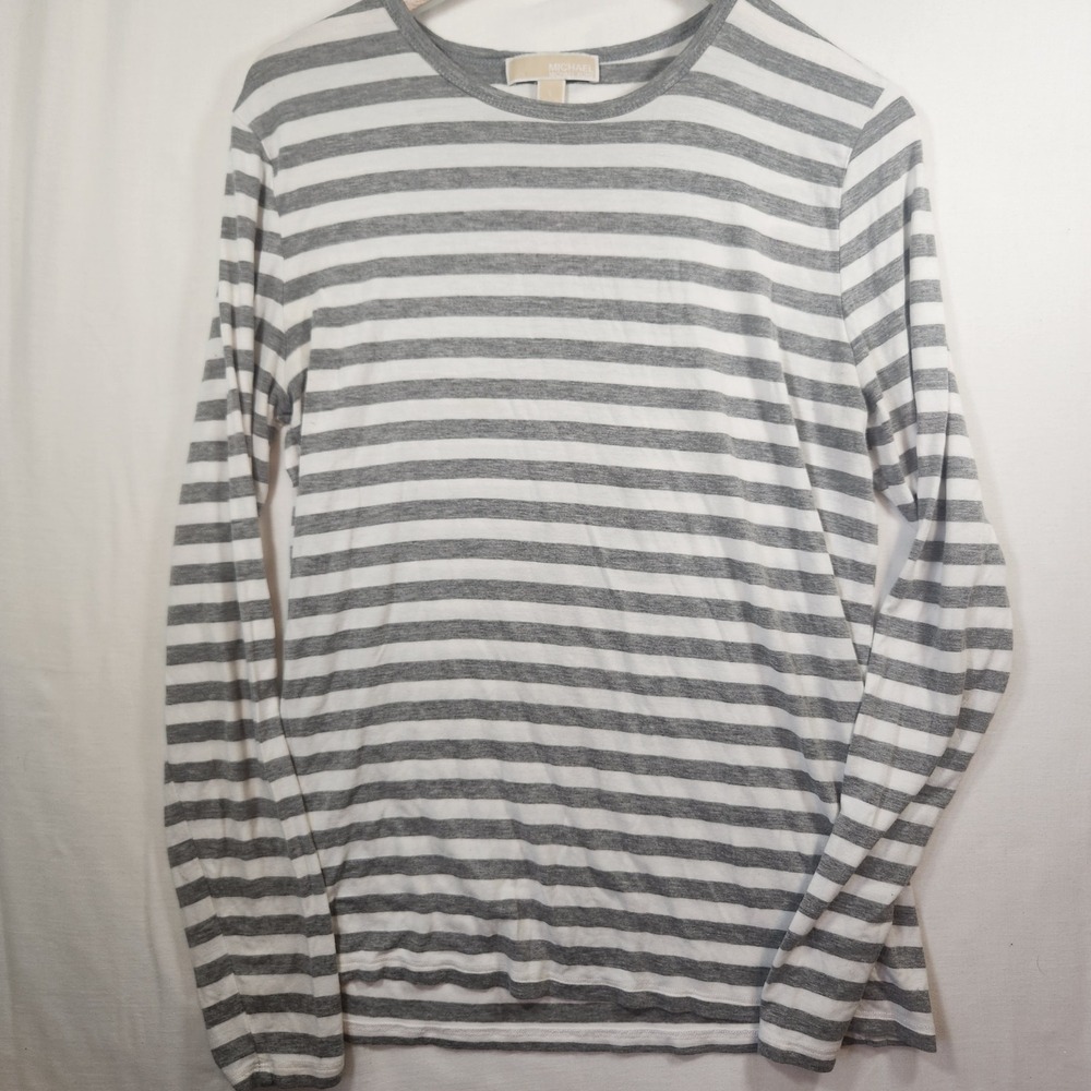 Michael Kors Grey White Striped Long Sleeve Crew‎ Neck Top Large
